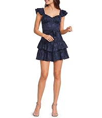 Midnight Doll Textured Floral Printed Jacquard Ruffled Tie Front Mini Dress