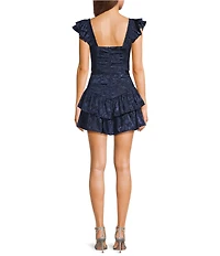 Midnight Doll Textured Floral Printed Jacquard Ruffled Tie Front Mini Dress