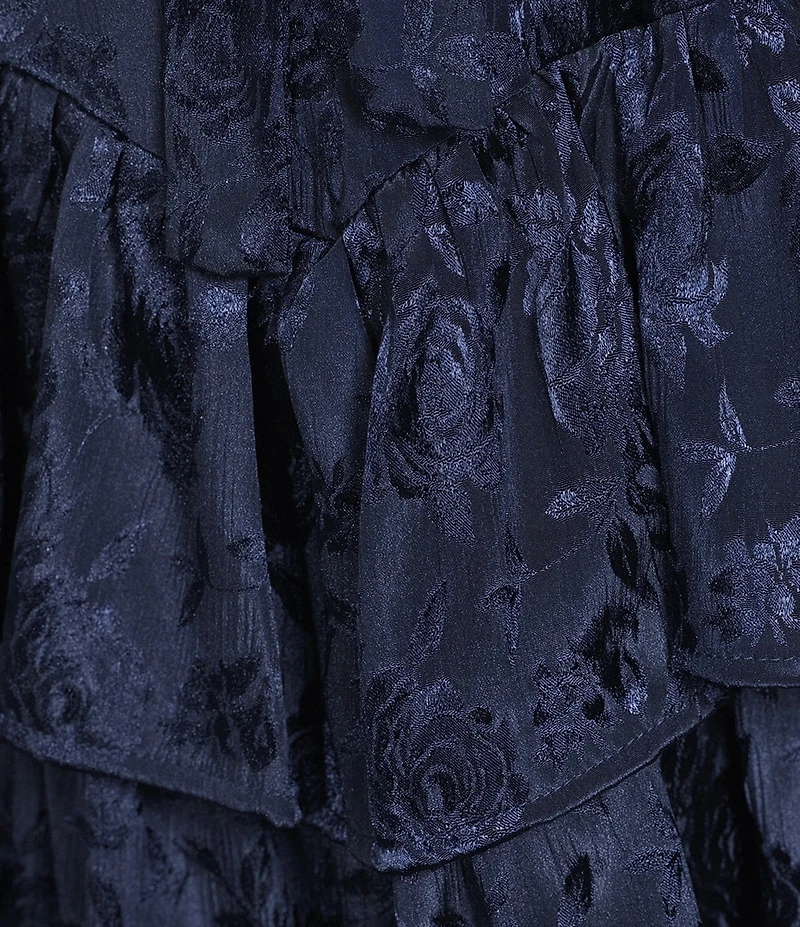 Midnight Doll Textured Floral Printed Jacquard Ruffled Tie Front Mini Dress
