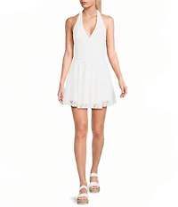 Midnight Doll Textured Lace Halter V-Neck Crochet Trim Skater Dress