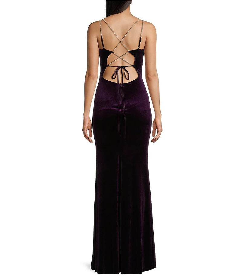 Midnight Doll V-Neck Double Rhinestone Spaghetti Strap Lace Up Velvet Dress