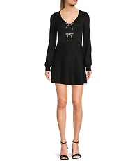 Midnight Doll V-Neck Rhinestone Bow Front Long Sleeve Sweater Dress