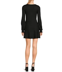 Midnight Doll V-Neck Rhinestone Bow Front Long Sleeve Sweater Dress