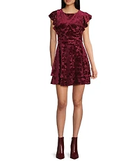 Midnight Doll Velvet Burn Out Boat Neck Flutter Sleeve Double Ruffle Dress