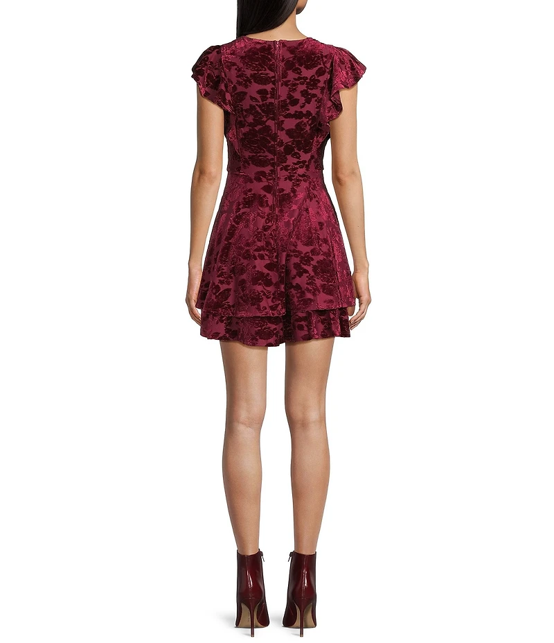 Midnight Doll Velvet Burn Out Boat Neck Flutter Sleeve Double Ruffle Dress