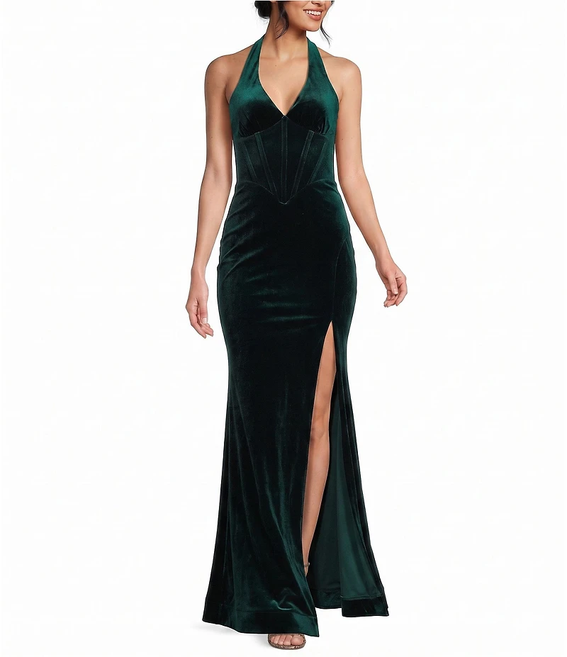 Midnight Doll Velvet Halter V-Neck Corseted Front Slit Lace Up Back Dress