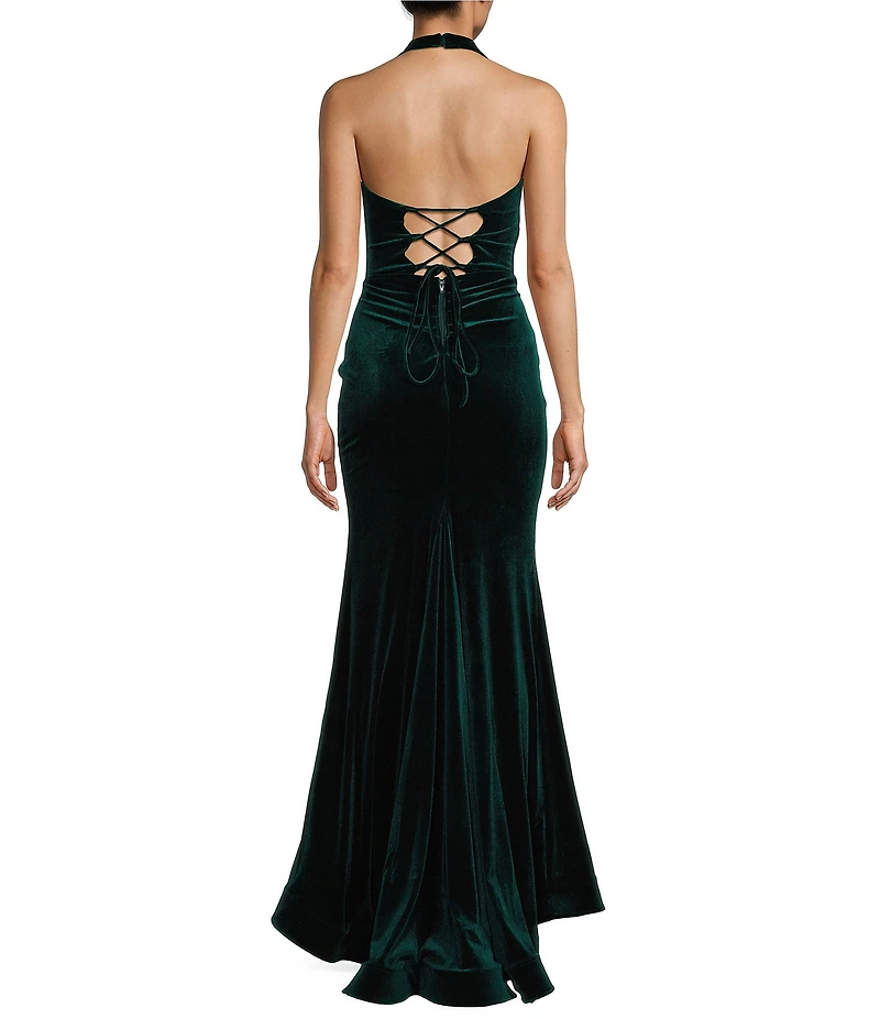 Midnight Doll Velvet Halter V-Neck Corseted Front Slit Lace Up Back Dress