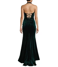 Midnight Doll Velvet Halter V-Neck Corseted Front Slit Lace Up Back Dress