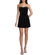 Midnight Doll Velvet Rhinestone Bow Strap Mini Dress