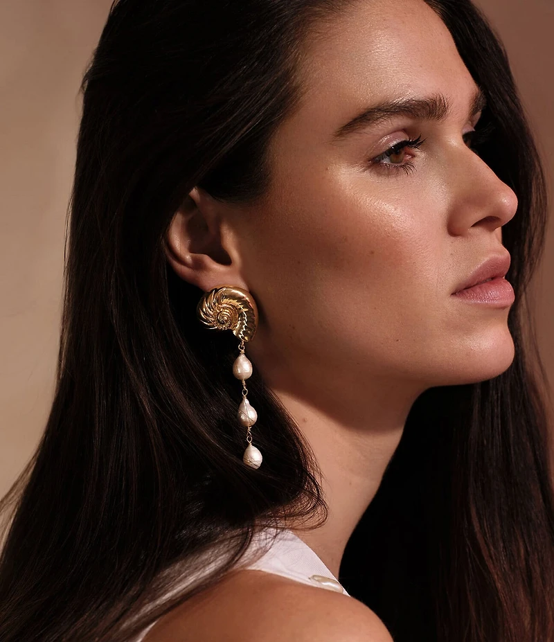 Mignonne Gavigan Sculpted Concha Shell Pearl Linear Earrings