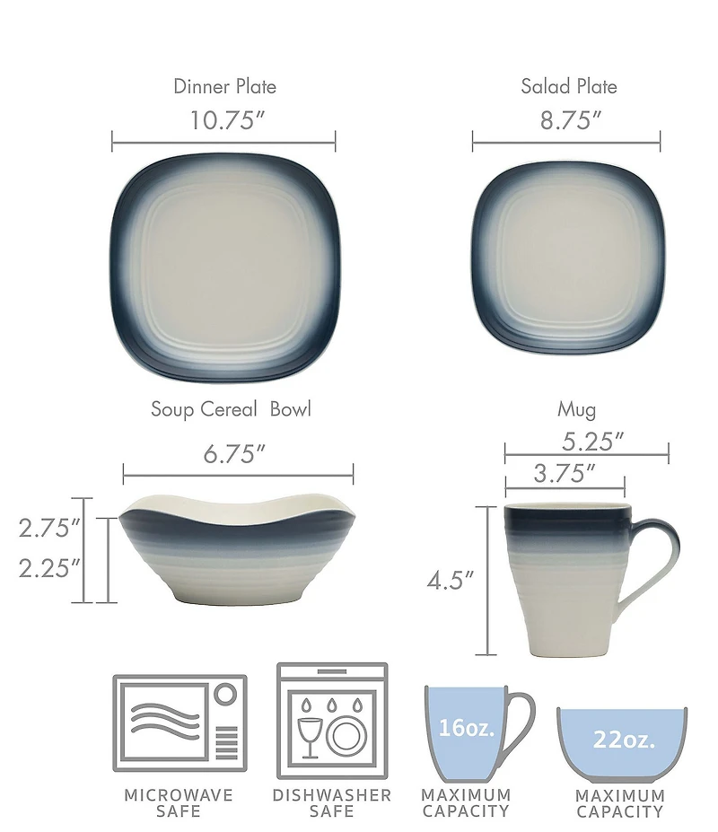 Mikasa Swirl Ombre Blue Square 16-Piece Dinnerware Set