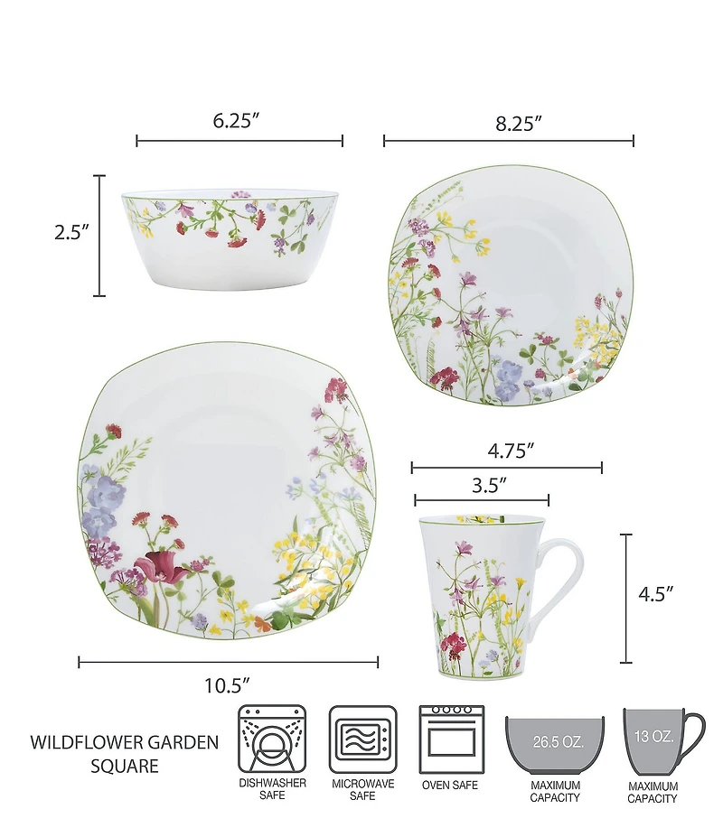 Mikasa Wildflower Garden Square 16-Piece Dinnerware Set, Service for 4