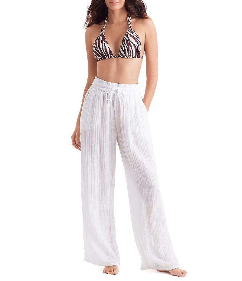 Mima Flamingo Bliss Gauze Vista Solid Wide Leg Elastic Drawstring Pull-On Pants Swim Cover-Up