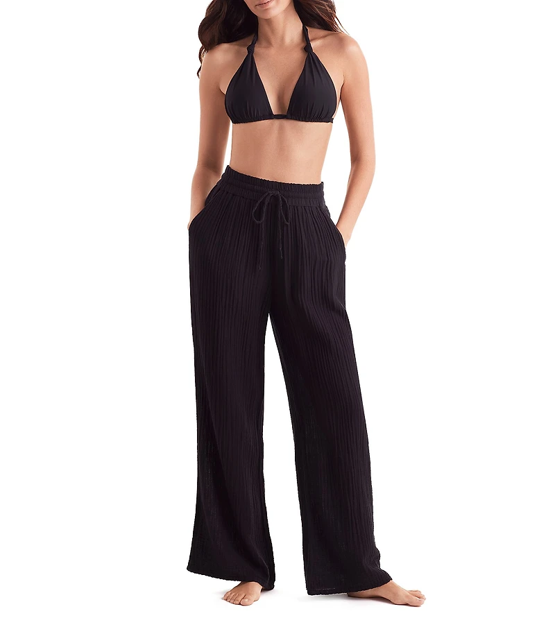 Mima Flamingo Bliss Gauze Vista Solid Wide Leg Elastic Drawstring Pull-On Pants Swim Cover-Up