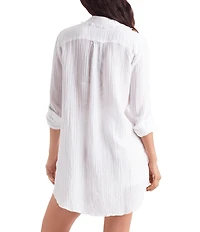 Mimi Flamingo Bliss Gauze Laguna Solid Point Collar Roll-Tab Sleeves Button Front Swim Cover-Up Shirt