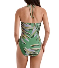 Mimi Flamingo Coastal Leaves Halter Neck One Piece Swimsuit
