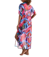Mimi Flamingo Dylan Chiffon Printed Flutter Sleeve V-Neck Midi Caftan Swim Cover-Up
