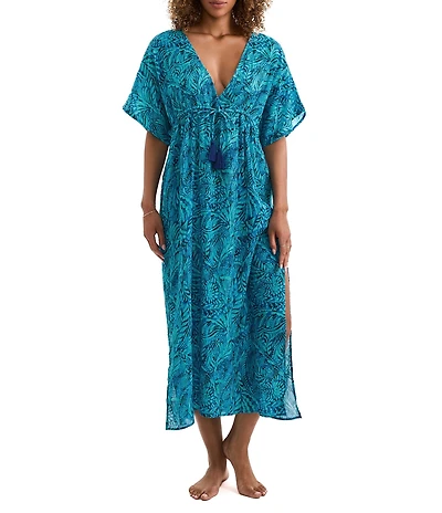 Mimi Flamingo Dylan Flora Palm Leaf Print Plunge Neck Midi Caftan Swim Cover-Up