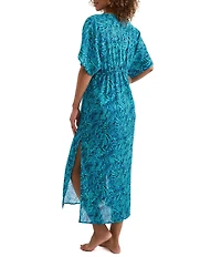 Mimi Flamingo Dylan Flora Palm Leaf Print Plunge Neck Midi Caftan Swim Cover-Up