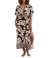 Mimi Flamingo Dylan Palm Leaf Print Plunge Neck Midi Caftan Swim Cover-Up