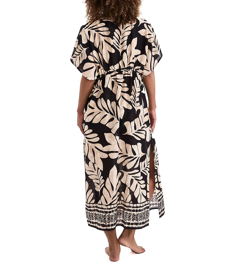 Mimi Flamingo Dylan Palm Leaf Print Plunge Neck Midi Caftan Swim Cover-Up