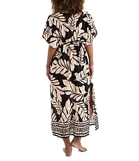 Mimi Flamingo Dylan Palm Leaf Print Plunge Neck Midi Caftan Swim Cover-Up