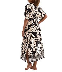 Mimi Flamingo Dylan Palm Leaf Print Plunge Neck Midi Caftan Swim Cover-Up