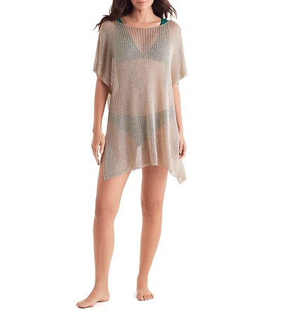 Mimi Flamingo Metallic Knit Lagoon Tunic Swim Cover-Up