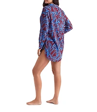 Mimi Flamingo Oasis Laguna Gauze Woven Point Collar Button Front Shirt Swim Cover-Up