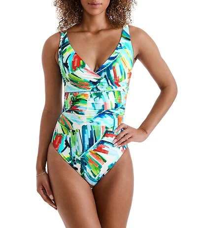 Mimi Flamingo Paradise Palm Printed Bailey Shirred Surplice One Piece Swimsuit