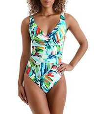 Mimi Flamingo Paradise Palm Printed Bailey Shirred Surplice One Piece Swimsuit