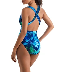 Mimi Flamingo Saltwater Tie Dye Wren Plunge Neck Cross Back Halter One Piece Swimsuit
