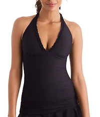 Mimi Flamingo Soleil Solids Sonny V-Neck Ruffle Trim Halterkini Swim Top