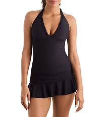 Mimi Flamingo Soleil Solids Sonny V-Neck Ruffle Trim Halterkini Swim Top