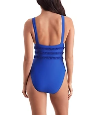 Mimi Flamingo Soleil Solids Sonny V-Neck Wide Strap Ruffle Trim One-Piece Swimsuit