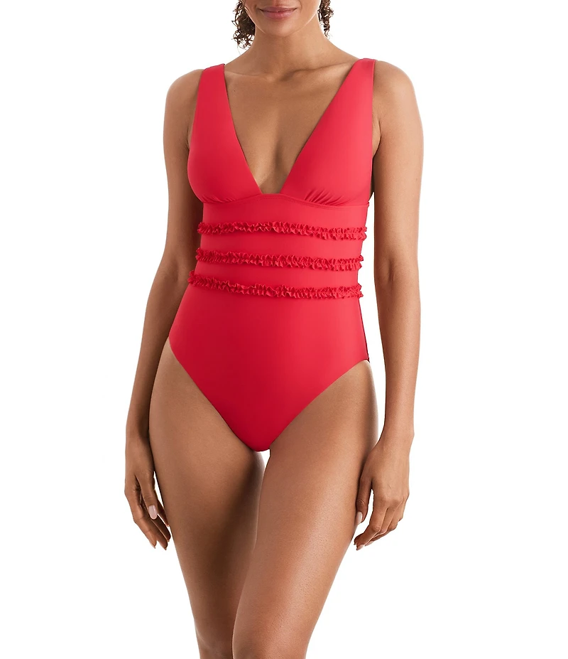 Mimi Flamingo Soleil Solids Sonny V-Neck Wide Strap Ruffle Trim One-Piece Swimsuit