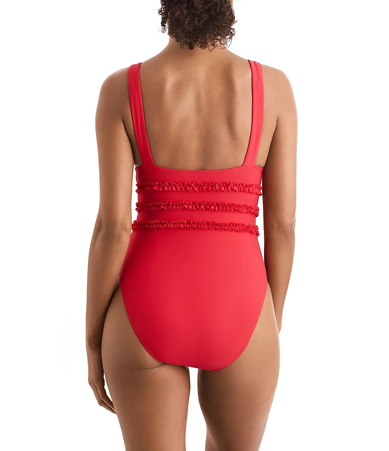Mimi Flamingo Soleil Solids Sonny V-Neck Wide Strap Ruffle Trim One-Piece Swimsuit