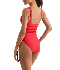 Mimi Flamingo Soleil Solids Sonny V-Neck Wide Strap Ruffle Trim One-Piece Swimsuit