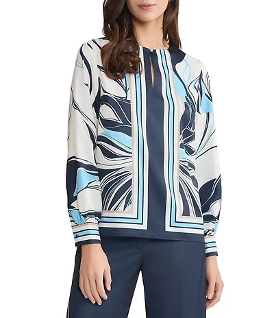 Ming Wang Abstract Floral Crepe De Chine Boat Neck Long Sleeve Blouse