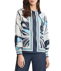 Ming Wang Abstract Floral Crepe De Chine Boat Neck Long Sleeve Blouse
