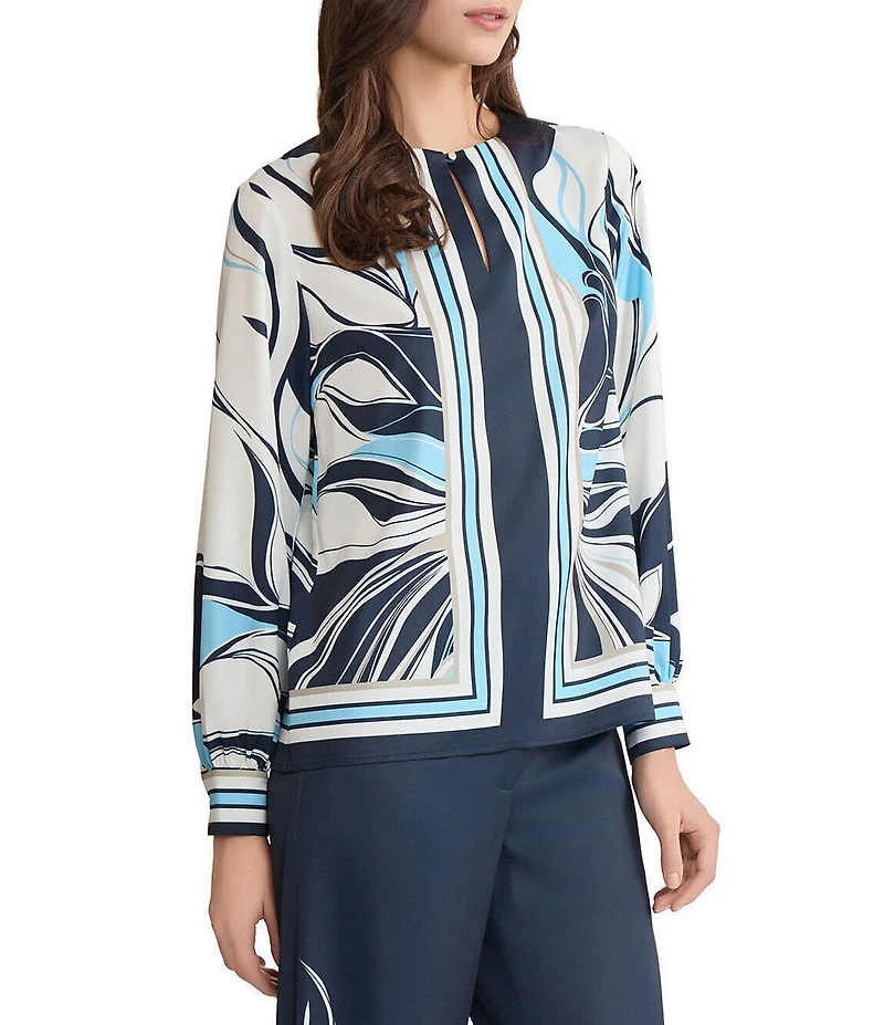 Ming Wang Abstract Floral Crepe De Chine Boat Neck Long Sleeve Blouse