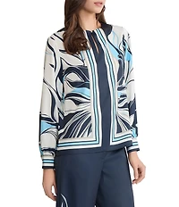 Ming Wang Abstract Floral Crepe De Chine Boat Neck Long Sleeve Blouse