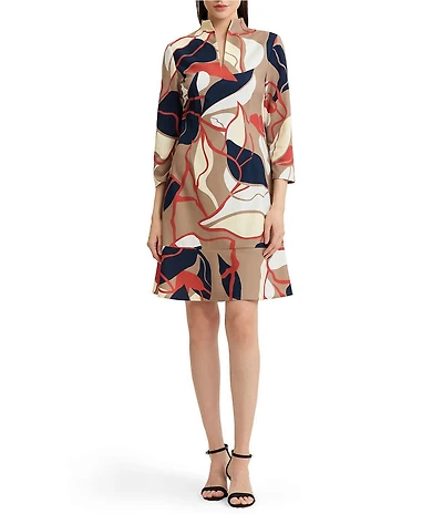 Ming Wang Abstract Floral Stretch Deco Crepe Funnel Split V-Neck 3/4 Sleeve A-Line Dress