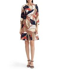 Ming Wang Abstract Floral Stretch Deco Crepe Funnel Split V-Neck 3/4 Sleeve A-Line Dress