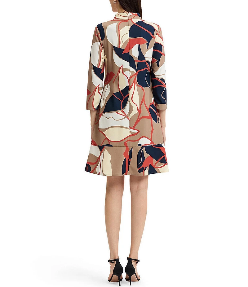 Ming Wang Abstract Floral Stretch Deco Crepe Funnel Split V-Neck 3/4 Sleeve A-Line Dress