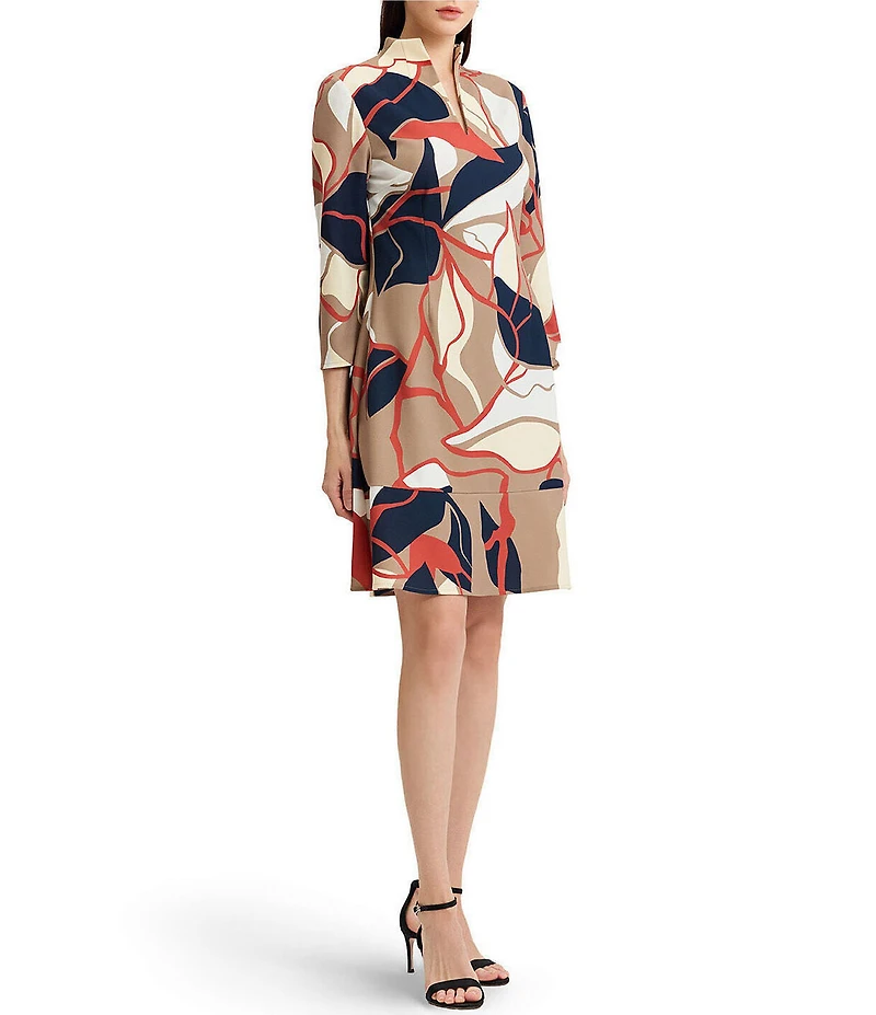 Ming Wang Abstract Floral Stretch Deco Crepe Funnel Split V-Neck 3/4 Sleeve A-Line Dress