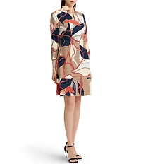 Ming Wang Abstract Floral Stretch Deco Crepe Funnel Split V-Neck 3/4 Sleeve A-Line Dress