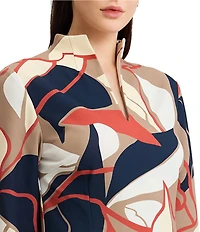 Ming Wang Abstract Floral Stretch Deco Crepe Funnel Split V-Neck 3/4 Sleeve A-Line Dress