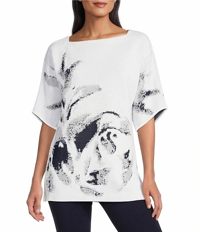 Ming Wang Abstract Print Soft Knit Square Neck Elbow Sleeve Tunic