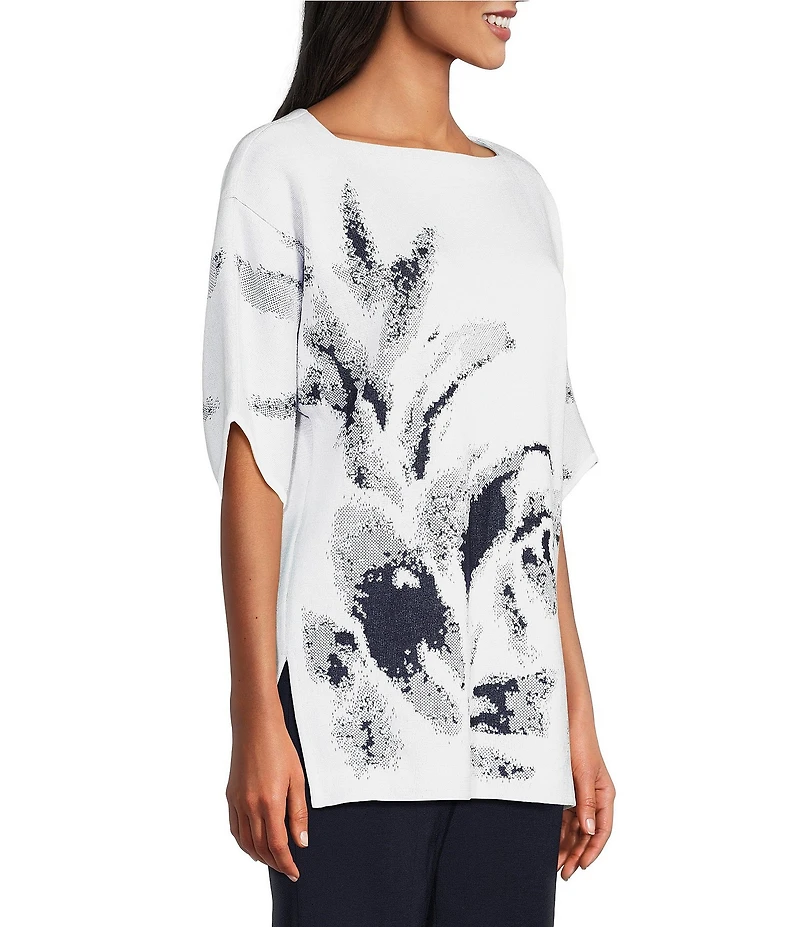 Ming Wang Abstract Print Soft Knit Square Neck Elbow Sleeve Tunic